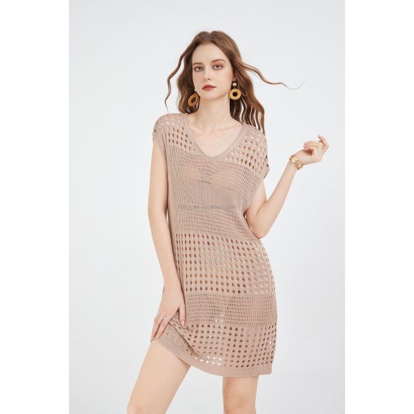 Women's Crochet Bathing Suit Coverup Knitted Midi Knitted Dress with Hollow Out Batwing Sleeve Casual Vacation Style