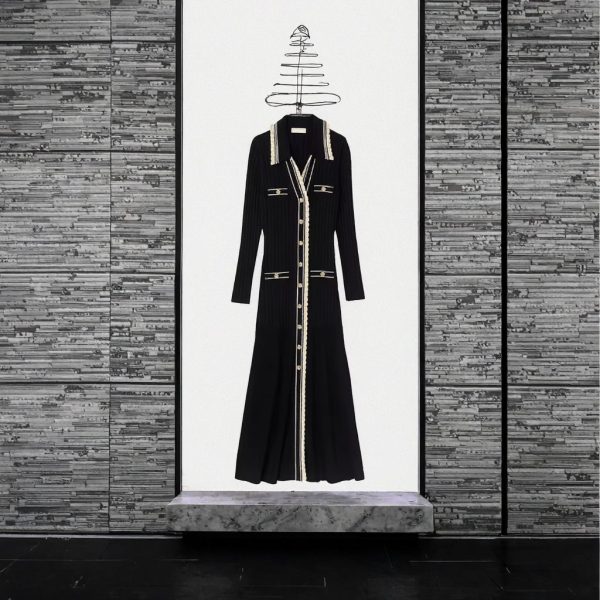 Elegant Ladies Midi Dress Solid Casual Luxury with Long Sleeves & Button up Slim Polo Neck & Ribbed A-Line for Winter - 图片 2