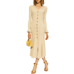 Women'S Fall Winter Retro V-Neck Metal Buckle Slim Long Sleeve Knitted Sweater Dresses