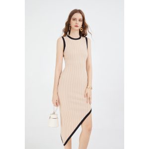 Women's Knitwear Sleeveless Knit Asymmetrical Long Dress Crewneck High Slit Bodycon Summer Midi Tank Dresses