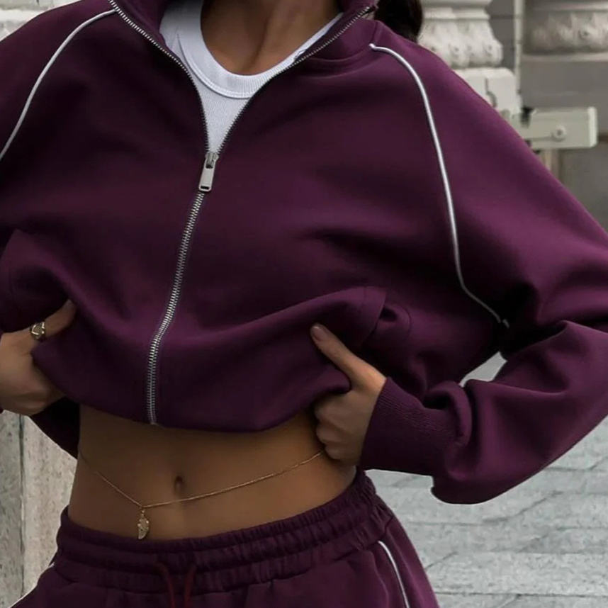Dark Purple Sports Jacket & Wide - Leg Pants Set Trendy Sports Leisure Fashion Trendy Dark Purple White Stripes - 图片 4