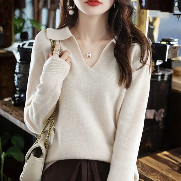 Women's Autumn Winter Pullover Base Shirt Casual Knit Tops Long Sleeves V-Neck Lapel Breathable Solid Wholesale Fashion Sweater - 图片 3