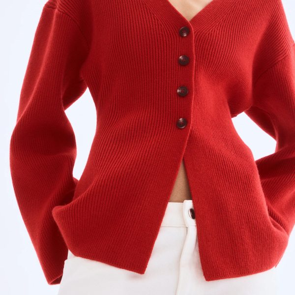 Women's Red Rib-Knit Cardigan with a V-Neck and Single-Breasted Design Stylish Bright Red Knit Cardigan in a Loose Fit Ribbed - 图片 3