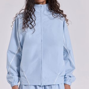 Sky Blue Windbreaker Jacket with Contrasting Lines and Perforated Mesh Design Lightweight Lightweight Solid Trendy for Women