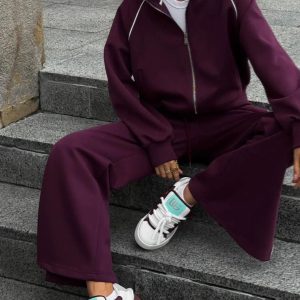 Dark Purple Sports Jacket & Wide - Leg Pants Set Trendy Sports Leisure Fashion Trendy Dark Purple White Stripes