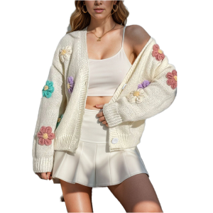 Manufacturer Custom High Quality Long Sleeve Cute Loose Button Cardigan Casual Sweet Handmade Floral Jacquard Women's Sweater