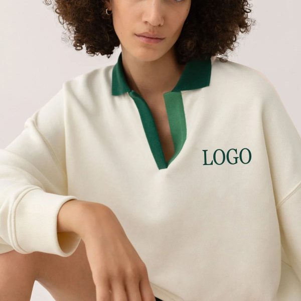Custom Oversized Drop Shoulder Sweatshirt Contrast Johnny Collar Pullover Heavyweight Cotton Fleece Vintage V Neck Pullover - 图片 4