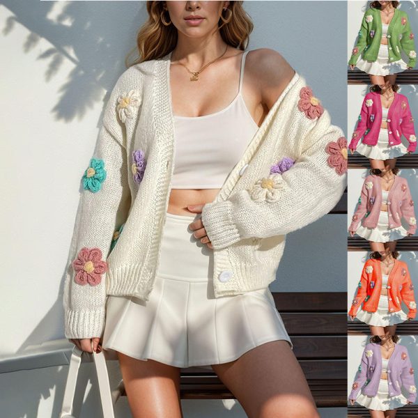 Manufacturer Custom High Quality Long Sleeve Cute Loose Button Cardigan Casual Sweet Handmade Floral Jacquard Women's Sweater - 图片 3