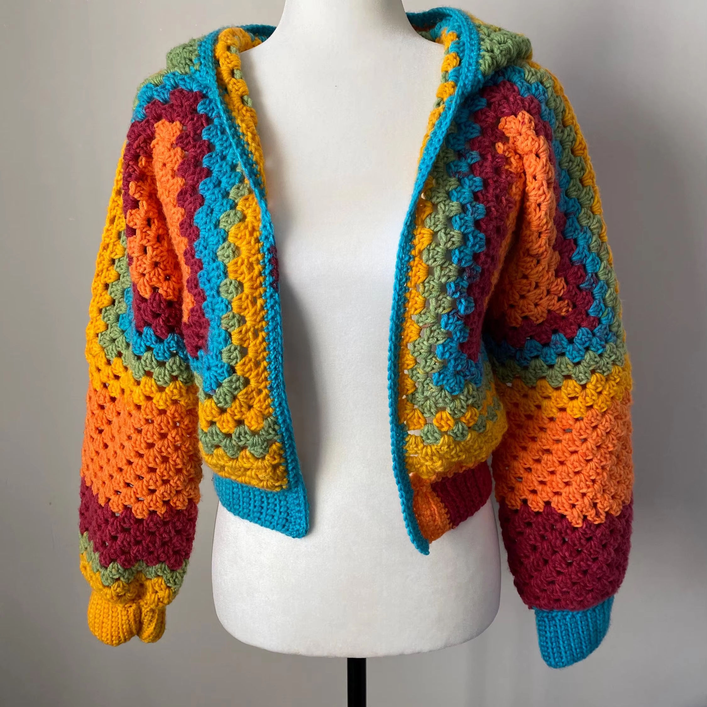 Bohemian Patchwork Crocheted Hooded Cardigan Retro Rainbow Crocheted Short Hooded Coat Handmade Colorful Crocheted Knitted