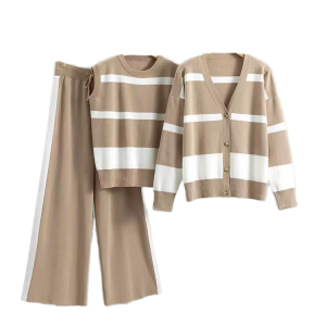 Women's Casual Fashion Three-Piece Set Breathable V-Neck Jacket Vest Wide Leg Pants Embroidered Striped Loose Knit Plus Size