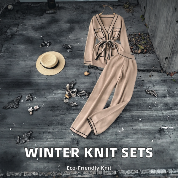 Women's Casual Winter Sweater Set Full Sleeve Color Blocking Knitwear Wholesale Two Piece Clothing - 图片 2