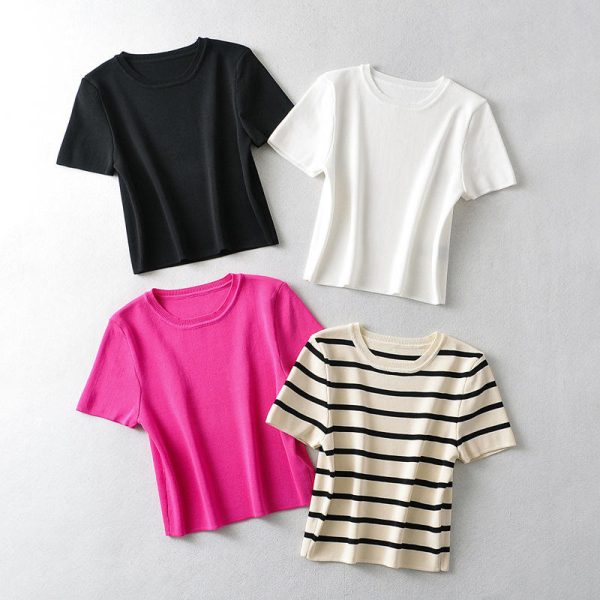 Chic Fashion 2024 Spring Women's Short Sleeve Ice Silk Knitted Top Vintage Chic Pullovers in Casual Striped Style - 图片 4
