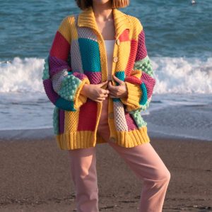 Bohemian Color - Block Knitted Cardigan Retro Hippie Colorful Patchwork Handmade Color - Block Collared Knitted Coat