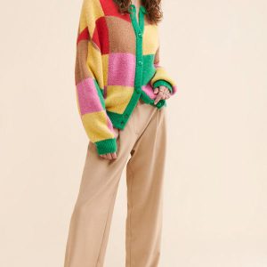 Color - Block Knit Cardigan (Loose Button - up Style) Loose Knit Cardigan (Button Closure) Casual Fashionable