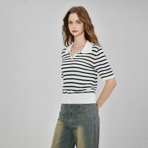 Women's POLO Knitted Top Short Sleeve Striped Notch Collar Rowan Hem Shirt Button Decoration for Commuter Office Use