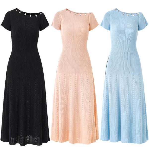 Spring New Women'S Bodycon Dress Asymmetrical Shoulder Buckle for Slimming and Slimming Goddess Style Knitted Long Dresses - 图片 4