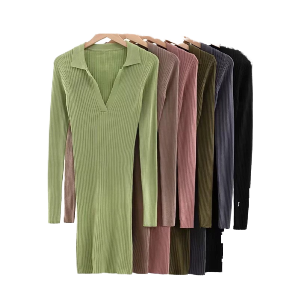 Vintage Square V-Neck Ribbed Long Sleeved Knitted Bodycon Dress Maxi Length Solid Pattern Fashionable for Women - 图片 2