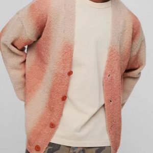 Gradient Pink Fuzzy Cardigan Crafted From Soft Fuzzy Yarn This Cardigan Shows a Charming Pink-to-beige Gradient the V-neck