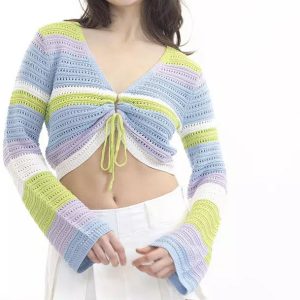 Gentle Style Colorblock Hollow V-neck Tie-up Embellishment Long Sleeve Blouse Fashionable Elegant Cropped Knit Top Ladies