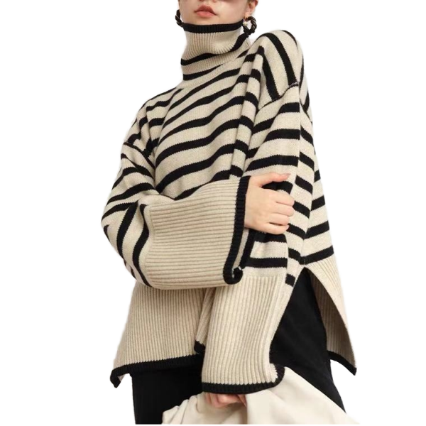 Women's Casual Loose Stripe Turtleneck Pullover Sweater Top for Autumn Winter New Plaid Knitted Clothing Long Length Breathable - 图片 2