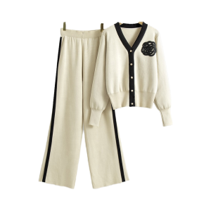 2024 Autumn and Winter New Sweater Set V-Neck Long-Sleeved Cardigan Top & Loose Wide-Leg Pants Solid Knitting Two-Piece Set