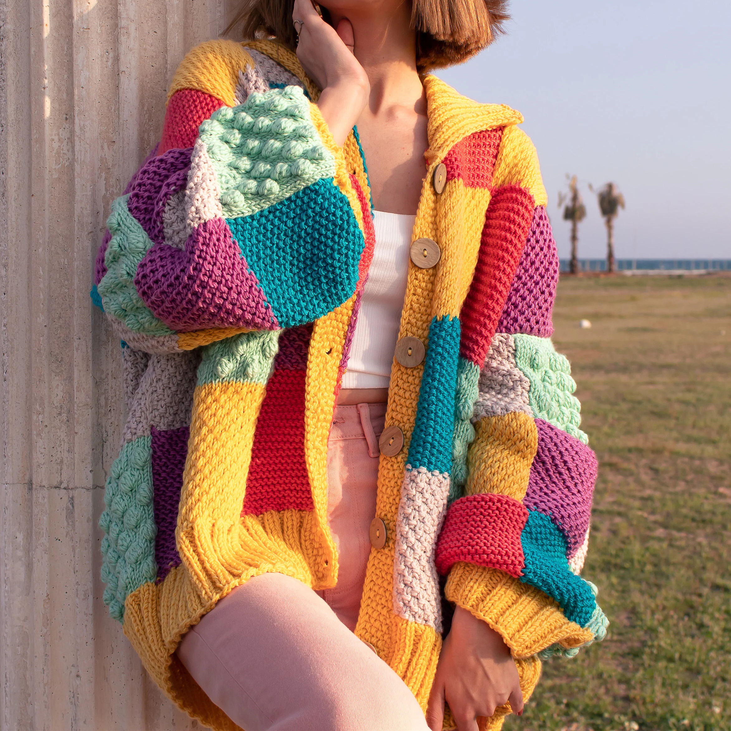 Bohemian Color - Block Knitted Cardigan Retro Hippie Colorful Patchwork Handmade Color - Block Collared Knitted Coat - 图片 4