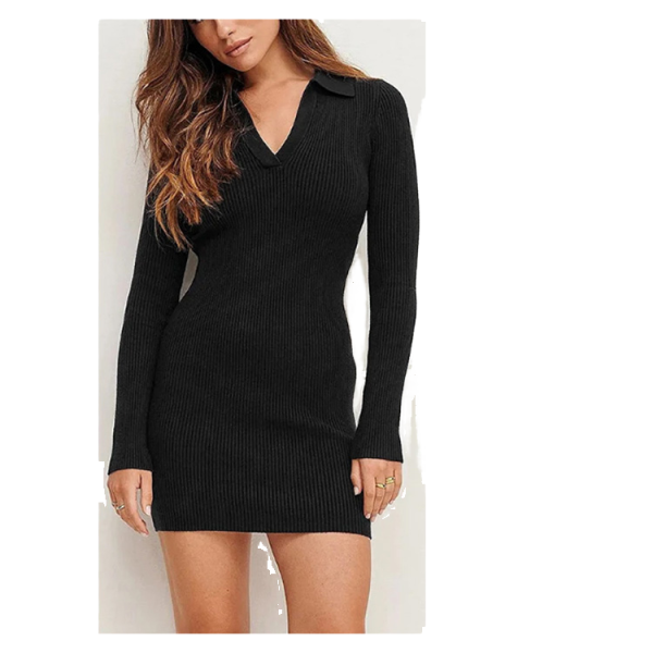 Vintage Square V-Neck Ribbed Long Sleeved Knitted Bodycon Dress Maxi Length Solid Pattern Fashionable for Women - 图片 3