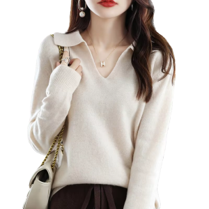 Women's Autumn Winter Pullover Base Shirt Casual Knit Tops Long Sleeves V-Neck Lapel Breathable Solid Wholesale Fashion Sweater