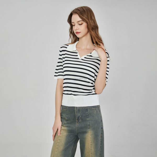 Women's POLO Knitted Top Short Sleeve Striped Notch Collar Rowan Hem Shirt Button Decoration for Commuter Office Use - 图片 4