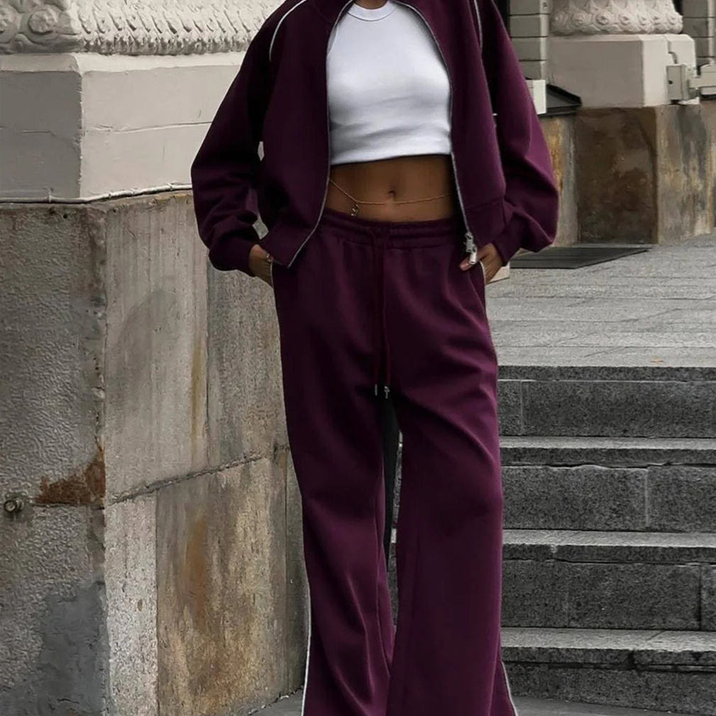 Dark Purple Sports Jacket & Wide - Leg Pants Set Trendy Sports Leisure Fashion Trendy Dark Purple White Stripes - 图片 3