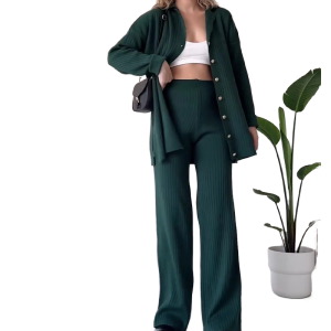 Women's Casual Solid Pattern Two-Piece Set Autumn Winter Knitted Sportswear Elastic Waist Pants Knitted Cardigan Sweater Top