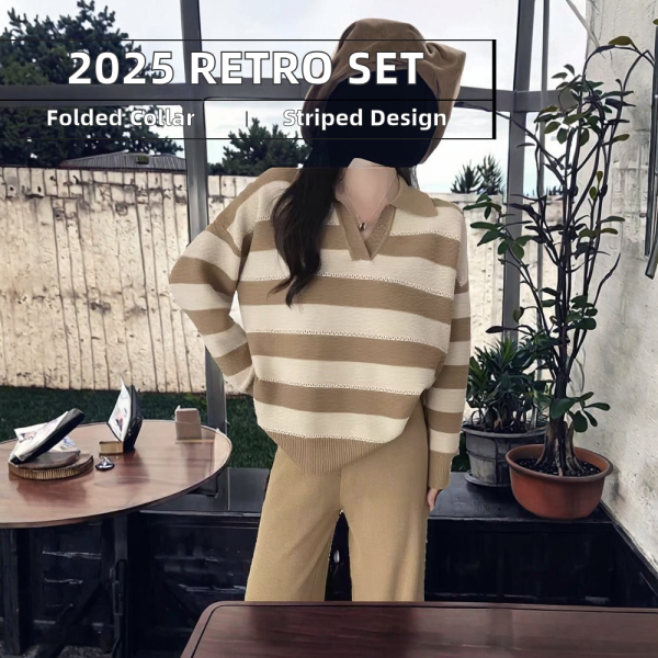 Wholesale 2025 Autumn Retro Casual Style High Grade Soft Glutinous Loose Striped Polo Neck Fashion Knitted Women's Set - 图片 3