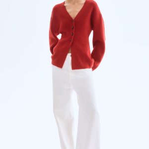 Women's Red Rib-Knit Cardigan with a V-Neck and Single-Breasted Design Stylish Bright Red Knit Cardigan in a Loose Fit Ribbed