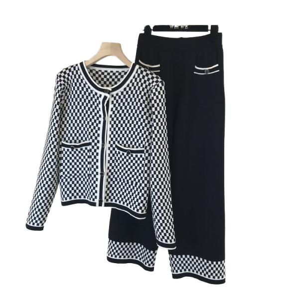 Women's Plus Size Plaid Knitwear Two Piece Set Long Sleeve Cardigan Top Button Wide Leg High Waist Pants for Office Winter - 图片 4