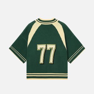 Wholesale Custom Applique Number Multi-Texture Knit Jersey Women's Blokecore Cropped V-Neck Sweater