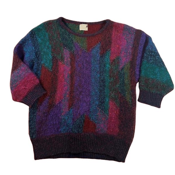 Wholesale Retro Multi-Color Blended Sweater - Abstract Pattern Patchwork Casual Knitwear Color Block Geometric Pattern Pullover