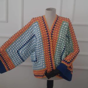 Retro Diamond Crocheted V - Neck Short Coat Handmade Colorful Diamond Crocheted V - Neck Cardigan Artistic Patchwork Crocheted