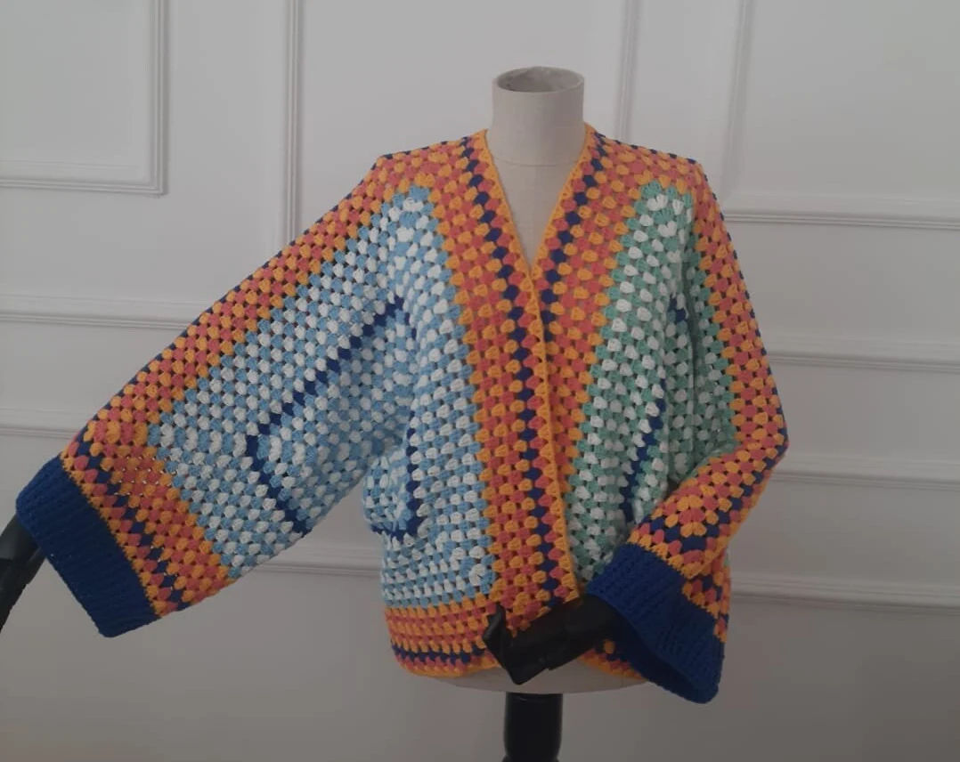 Retro Diamond Crocheted V - Neck Short Coat Handmade Colorful Diamond Crocheted V - Neck Cardigan Artistic Patchwork Crocheted