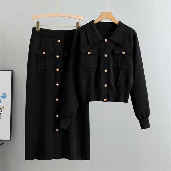 Wholesale 2024 Autumn New French High Fashion Flip Collar Long Sleeve Sweater Skirt Ribbed Knitted Women's 2 Piece Set Clothing - 图片 4