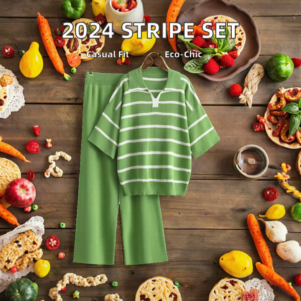 Summer Women's Sweater Set European American Contrasting Stripes Casual Loose Knit Wide Leg Pants Wholesale - 图片 3