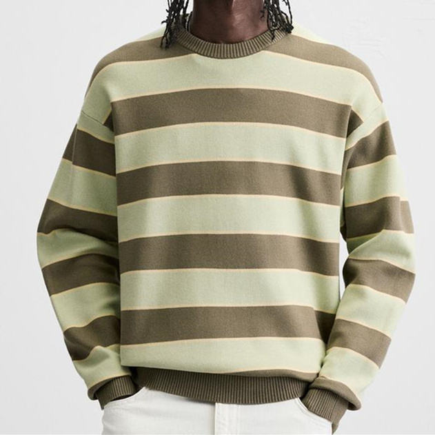 Fashionable Striped Crew - Neck Pullover Knitted Top Color - Block Striped Crew - Neck Sweater for Man Retro - Style Wide - 图片 2