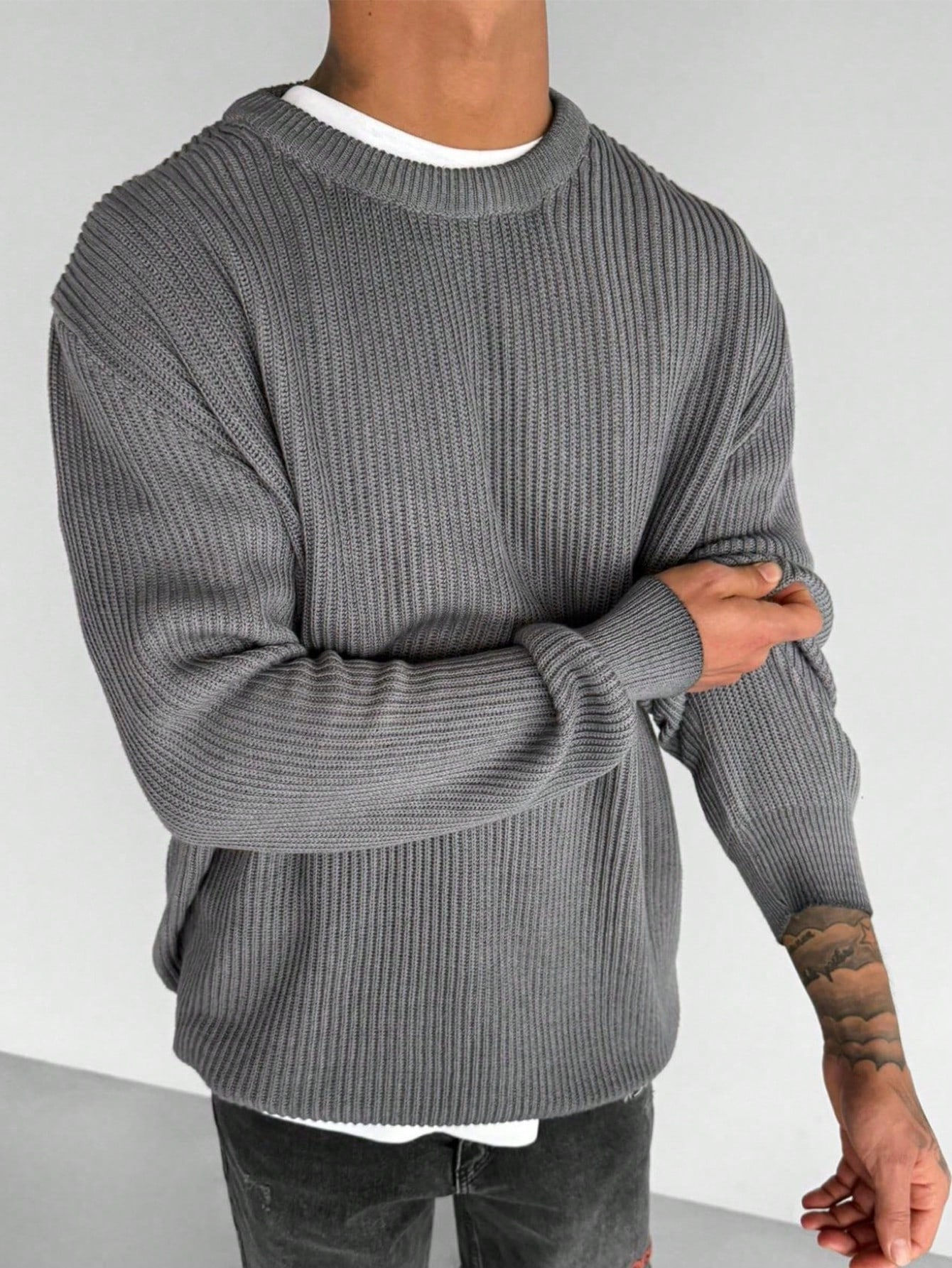 Customized Classic Wide Rib Knit Crew Neck Solid Sweater Ribbed Knit Sweater Minimalist Knitwear Men's Sweater Knitted - 图片 3