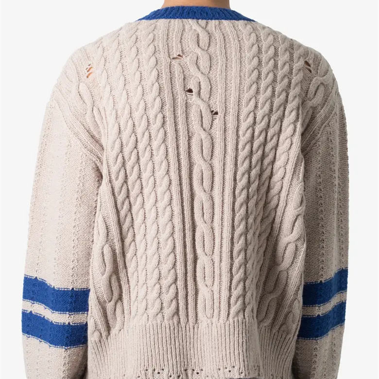 Custom Varsity V Neck Distressed Knitted Sweater Varsity Sweater Distressed Knit Custom v Neck Jumper Pullover for Men - 图片 4