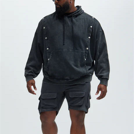 Customized Street Retro Style Distressed Washed Charcoal Black Hooded Sweatshirt Oversize Loose Street Retro Washed Distressed