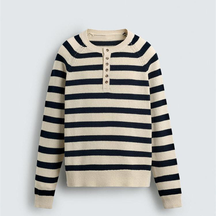 Retro Black and Beige Striped Henley-Collar Button-Detailed Knitted Sweater With Ribbed Cuffs Hem and Relaxed Fit for Daily