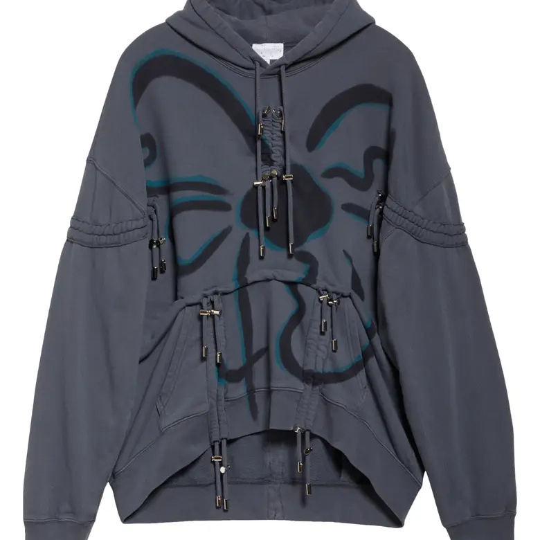 OEM ODM Service Streetwear Inspired in a Charcoal Floral Print with Intricate Drawstrings Hoodie Charcoal Floral Print - 图片 4