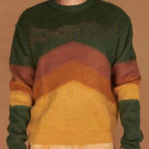 Customized Vintage Striped Digital Jacquard Mohair Blend Sweater Trendy Color Block Pattern Loose Fit Knitwear PulloverSweater