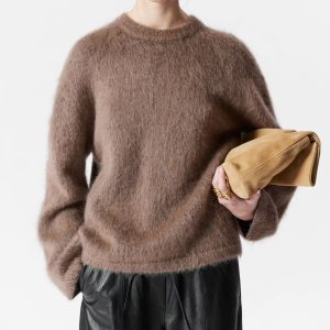 Brown Mohair-Blend Pullover Jumper Autumn-Winter Warm Crewneck Jumper Camel Mohair Sweater Mohair Sweater for Man Crew Neck