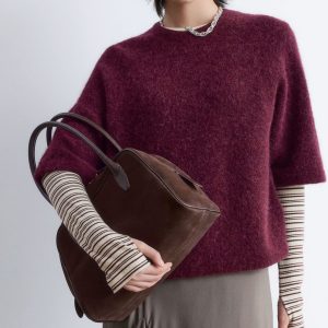 Burgundy Alpaca-Blend Short-Sleeved Knit Sweater Casual Loose-Fit Fuzzy Pullover Mohair Knit Sweater Women's Sweater