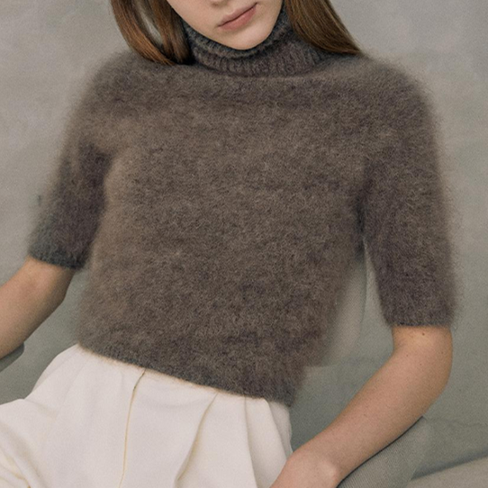 Women's Turtleneck Short - Sleeve Fuzzy Fashionable - Sleeve Fuzzy Knitted Sweater Mohair Knit Sweater for Women
